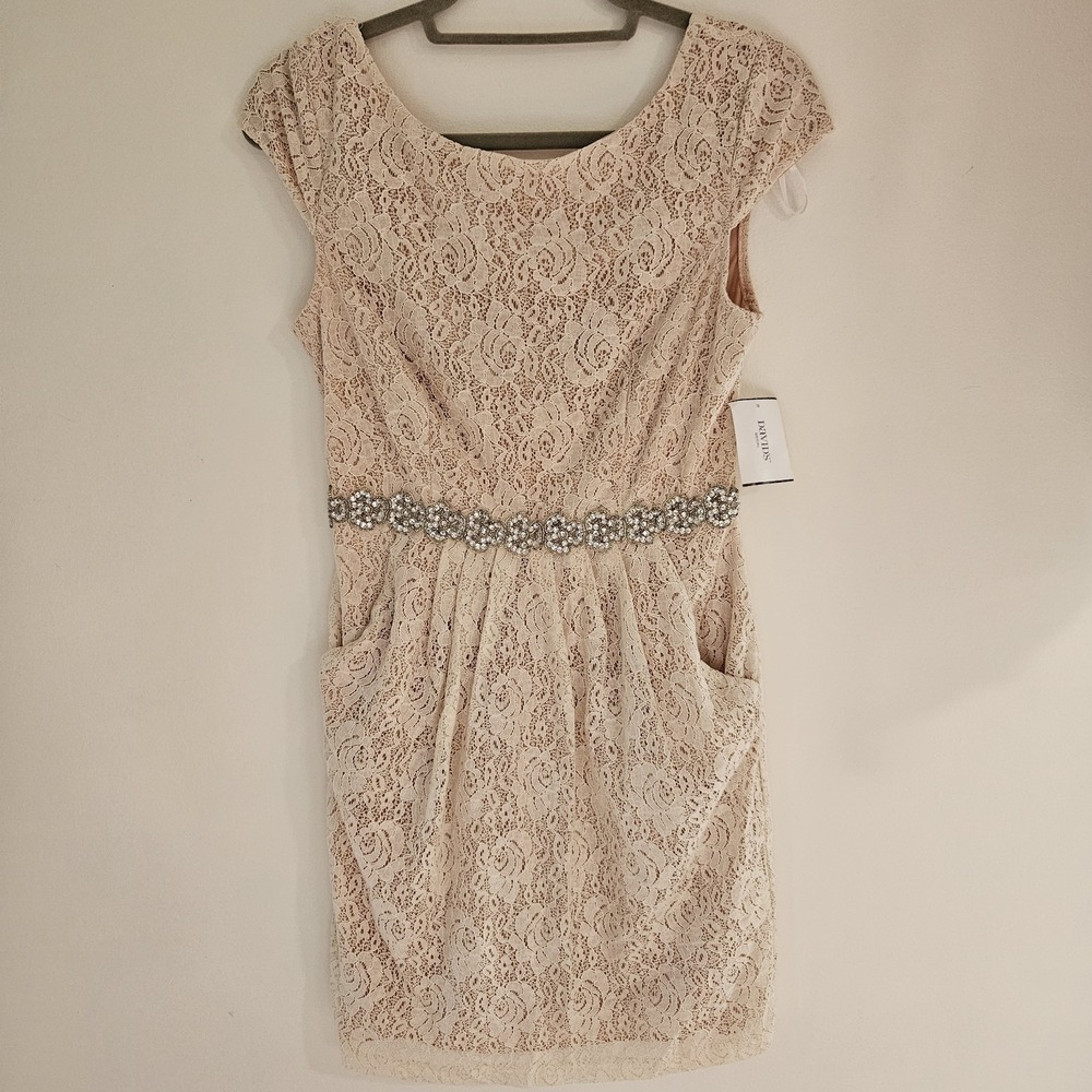 Davids Bridal Women Dress Size 6 Pink Lace Short Sleeve Bridesmaid Wedding Bling